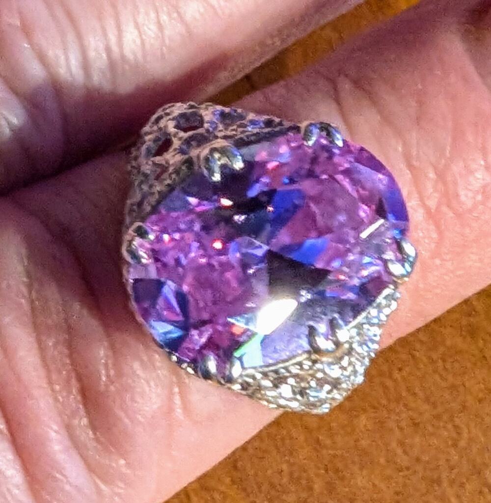 Large Brilliant Rose de France Crystal CZ 925 Sterling Filigree Ring Size 7.75